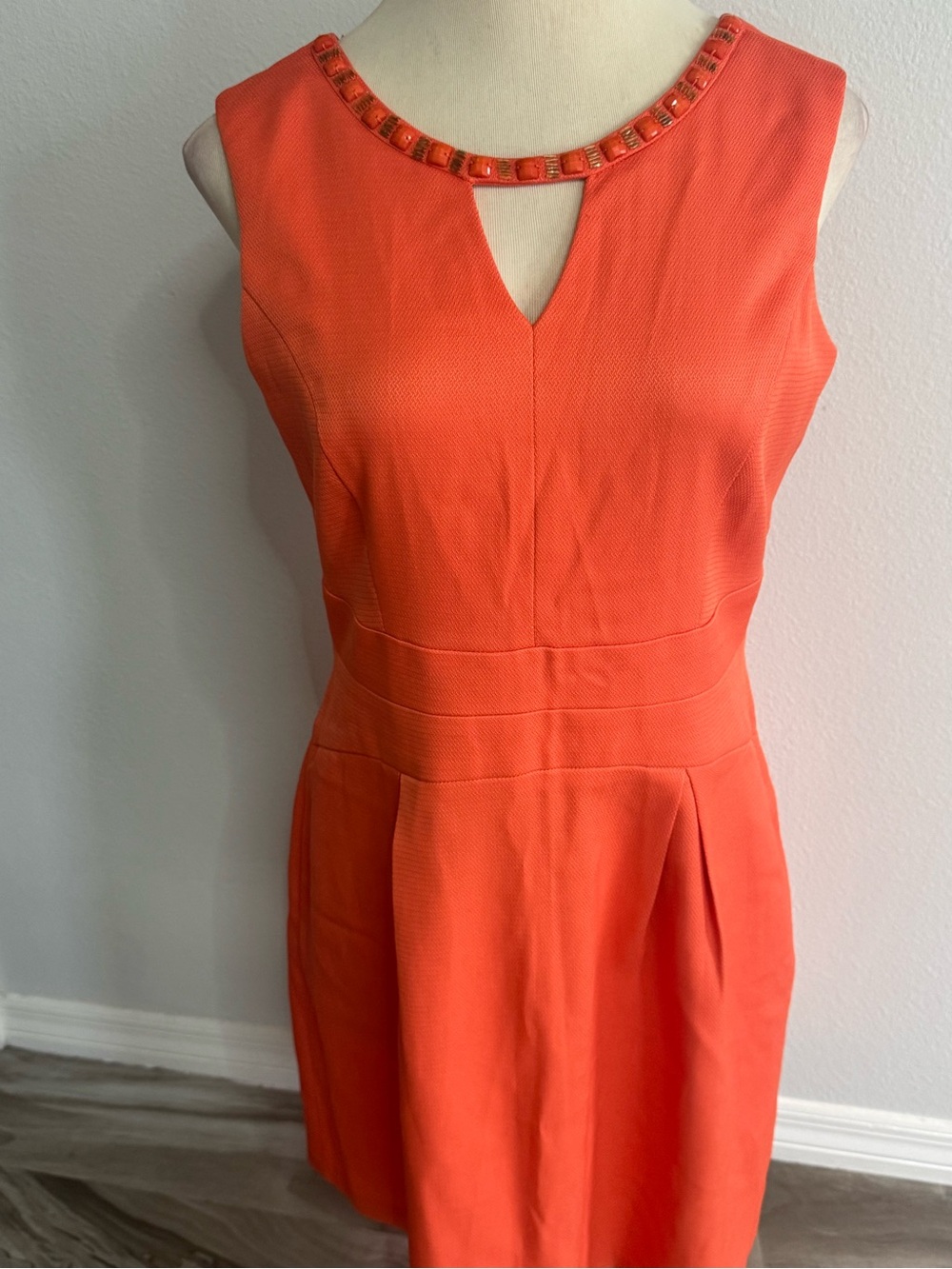 Sandra Darren Coral-Orange Sleeveless Jeweled Neck A-Line Dress